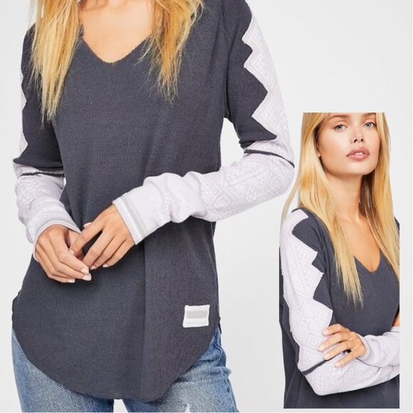 Free People Nordic Sleeve Thermal Top - Purple / Navy - Size XS - Picture 2 of 5